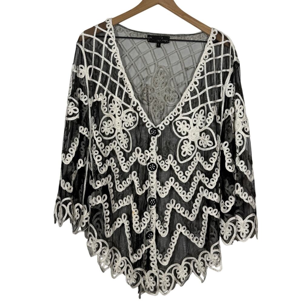 Pretty Angel Lace Jacket Topper Size L Black Silk Blend Boho Artsy Whimsygoth